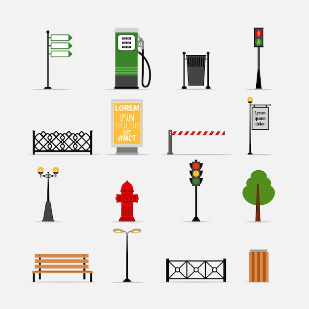 Vector street element set. Bench and billboard, hydrant and traffic lights, streetlights and fence