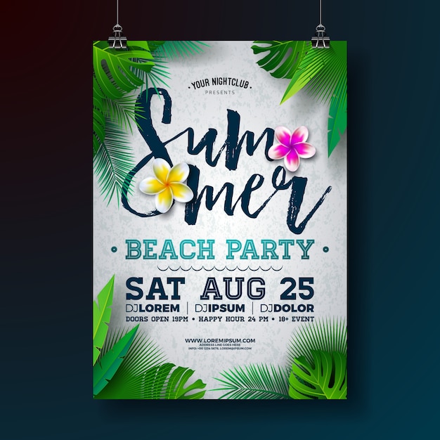 Vector Summer Beach Party Flyer or poster template Design with Flower and Tropical Palm Leaves