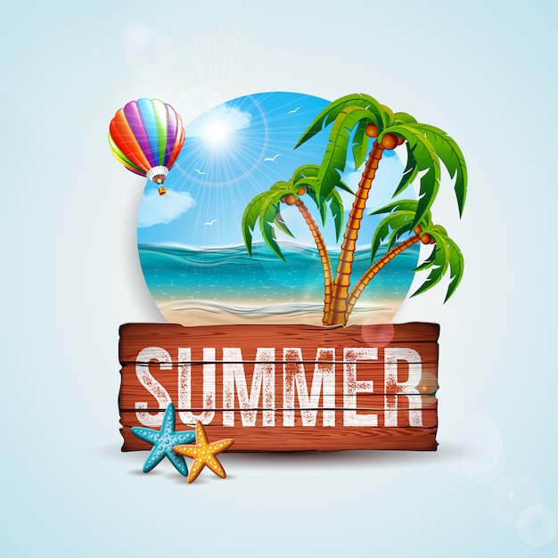 Free Vector vector summer holiday illustration with wood board and exotic palm trees