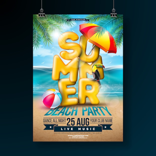 Vector Summer Party Flyer Design with 3d Typography Letter and Tropical Palm Leaves