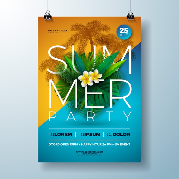 Vector Summer Party Flyer Design with Flower and Tropical Palm Leaves