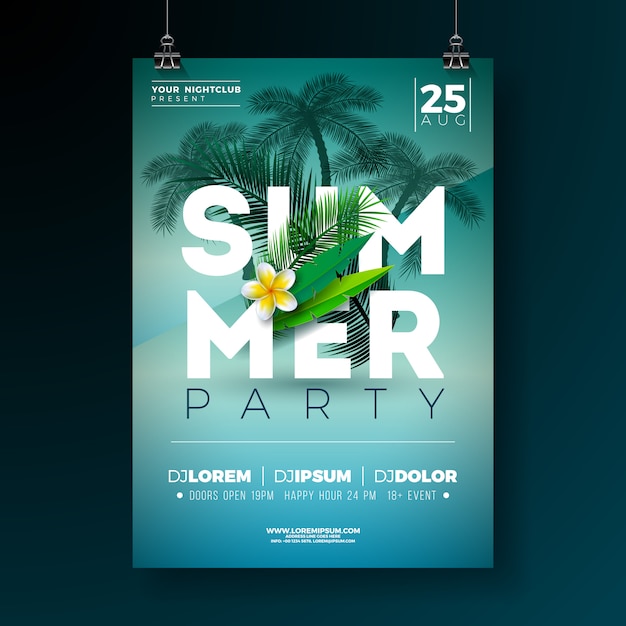 Vector Summer Party Flyer Design with Flower and Tropical Palm Trees