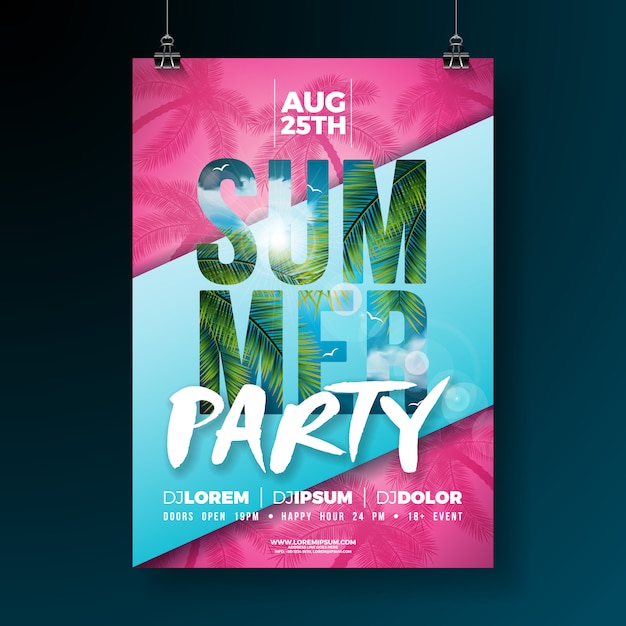 Vector Summer Party Flyer or poster template Design with Tropical Palm Leaves