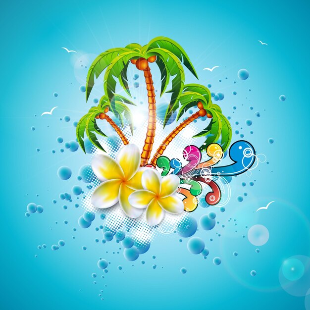 Vector Summer Time Holiday Illustration on Sky Blue Background Tropical Plants Flower Design Element