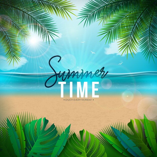 Vector Summer Time Illustration with Palm Leaves and Ocean Landscape