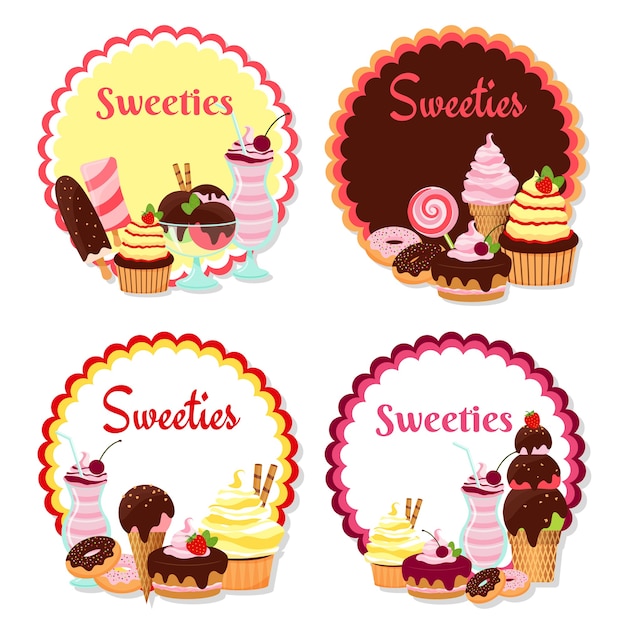 vector sweet badges with ice cream and cakes isolated on white