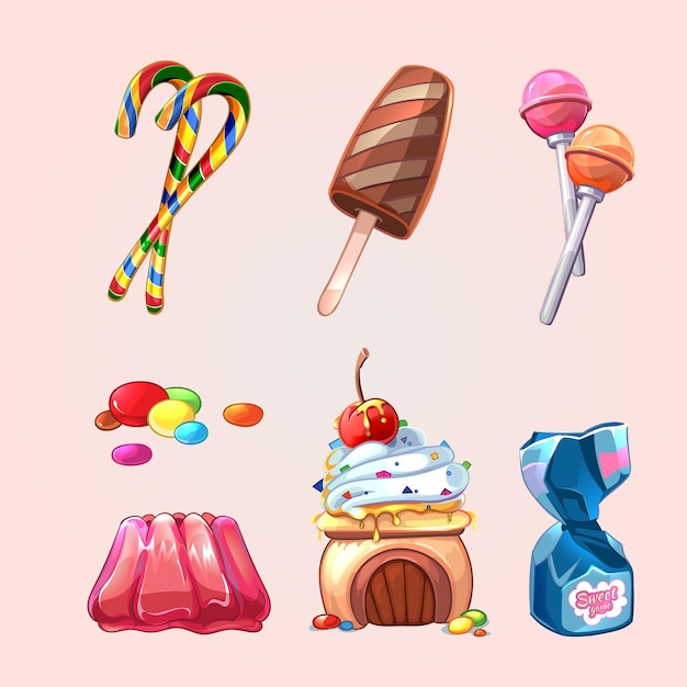 Vector sweets and cookies set in cartoon style. Lollipop and caramel, yummy tasty candy, cake and ice cream set