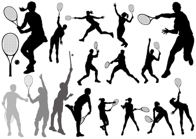 Vector Tennis Players Silhouette Illustration Set Isolated On A White Background.