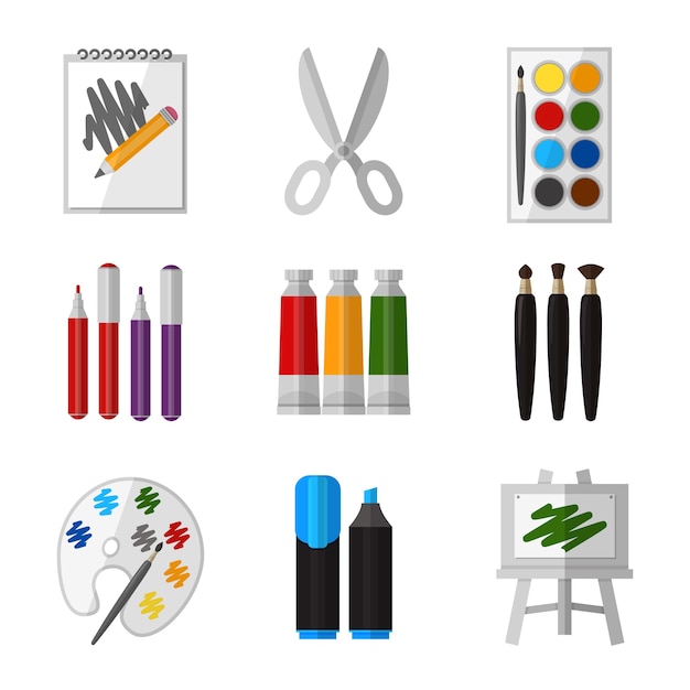 Free Vector vector tool set for artist in flat design style. gouache and scissors, marker and palette and paintbrush illustration