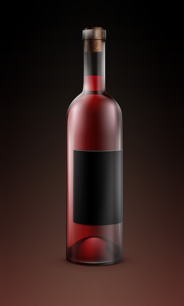 Vector transparent glass bottle of red wine with black label isolated on dark