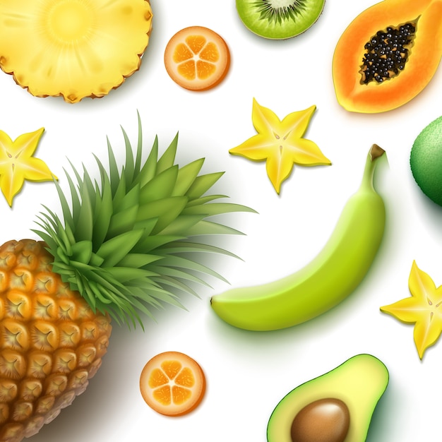 Free Vector vector tropical fruits background with whole and half cut pineapple, kiwi, papaya, banana, carambola, kumquat top view