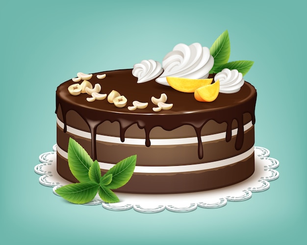 Free Vector vector whole chocolate puff cake with icing, whipped cream, nuts, fruits and mint on white lace napkin isolated