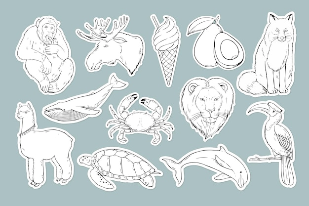 Free Vector vector wild animal sticker black and white set