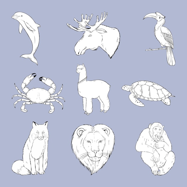 Free vector vector wild animal sticker black and white set