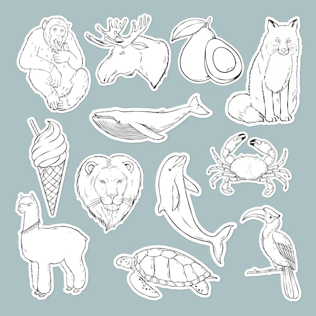 Free Vector vector wild animal sticker black and white set