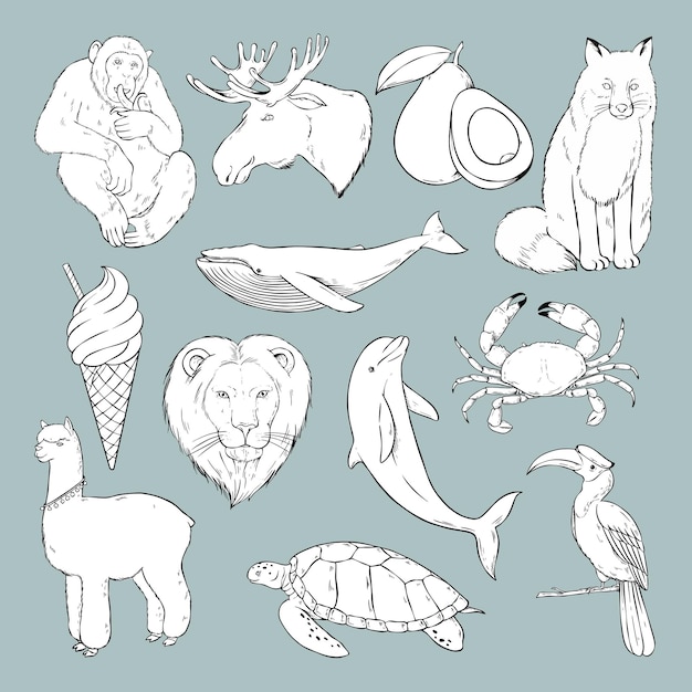 Free Vector vector wild life sticker black and white set