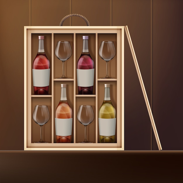 Free Vector vector wine bottles and wine glasses inside wooden box on shelf. front view