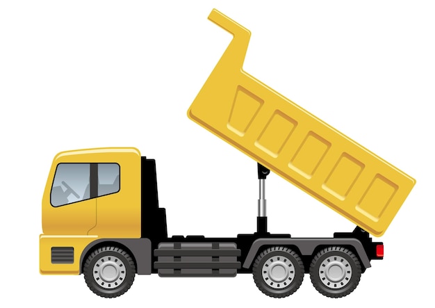 Vector Yellow Dump Truck Unloading Side View Illustration Isolated On A White Background