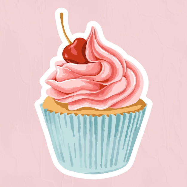 Vectorized cupcake topped with maraschino cherry sticker overlay with a white border