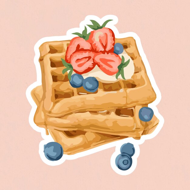 Vectorized waffles topped with berries sticker overlay with a white border on a pink background