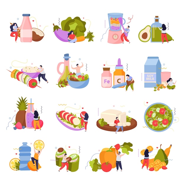 Vegan food set of isolated icons and compositions of human characters with dishes vegetables and products vector illustration