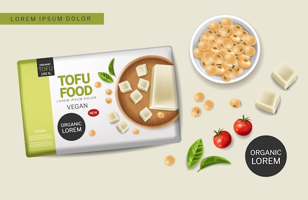 Vegan tofu cheese vector realistic. Soy beans and cherry tomatoes 3d detailed illustrations