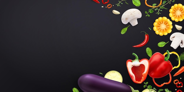 Free Vector vegetables realistic composition on dark background with empty space and bunch of vegetable slices and cuts vector illustration