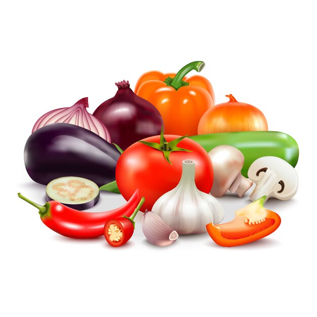 Vegetables realistic composition on white background with tomato onion sweet and hot pepper eggplant