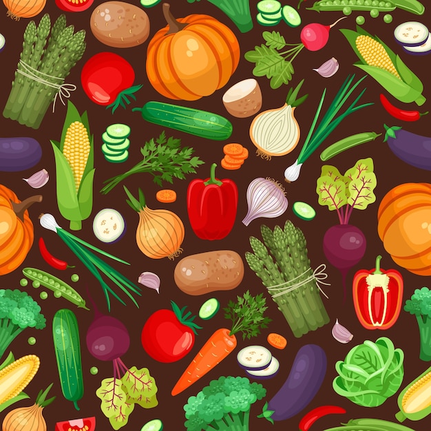 Vegetables seamless pattern. Pumpkin, beet, potatoes and peppers.