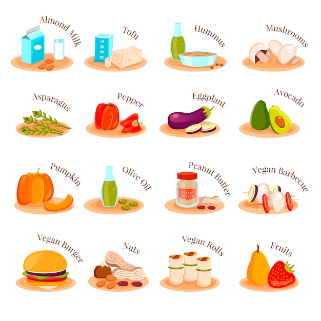 Vegetarian dishes icons set 