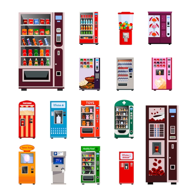 Vending machines icons set with toys water and coffee machines