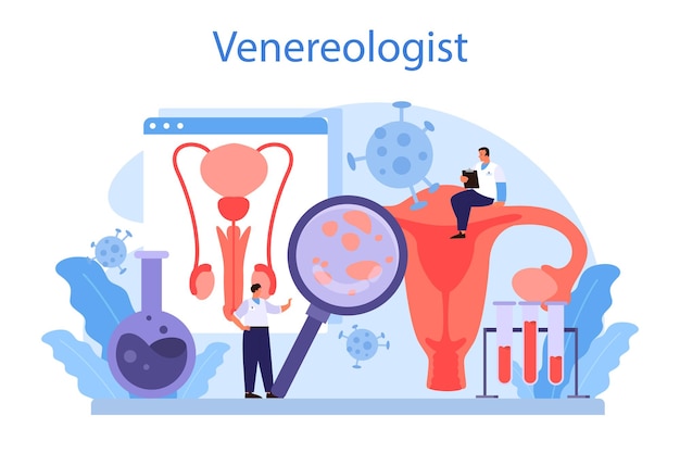 Venereologist concept Professional diagnostic of dermatology disease sexually transmitted diseases and infection Dermatovenerology Vector illustration in cartoon style