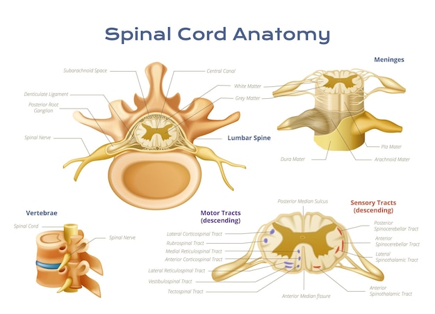 Free vector vertebrae spinal cord anatomy infographics with scientific diagram of spine elements with pointers and text captions vector illustration