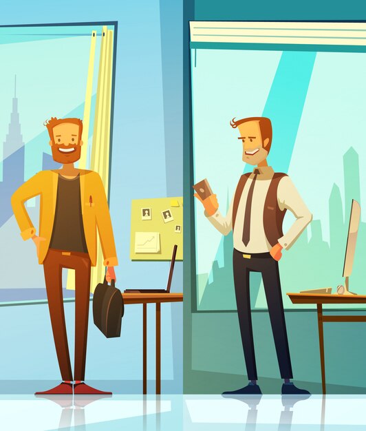 Vertical banners in cartoon style with images of smiling businessmen located