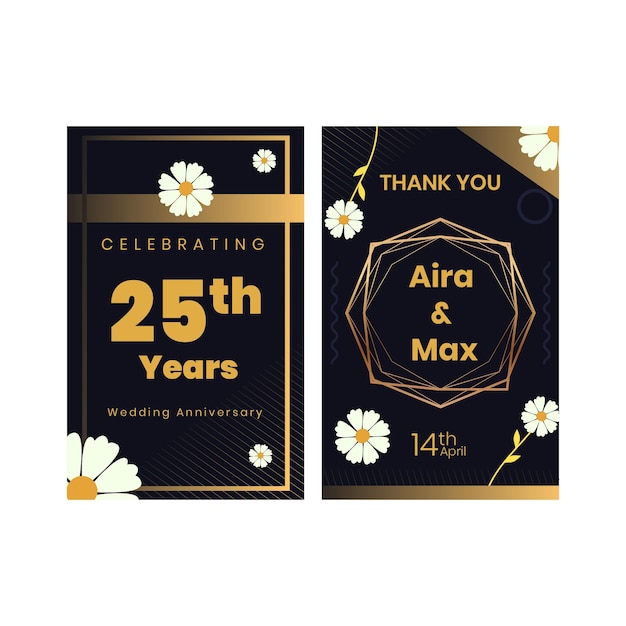 Free vector vertical card template for twenty-five years anniversary with flowers