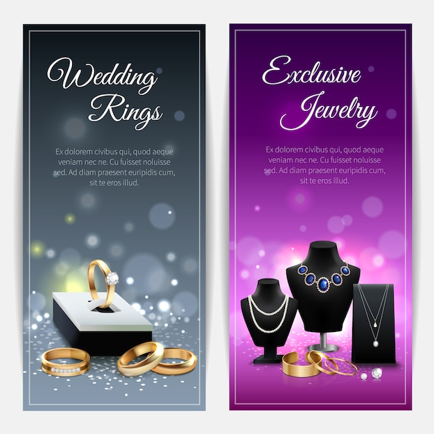 Vertical grey and purple realistic banners with wedding rings and exclusive jewelry 