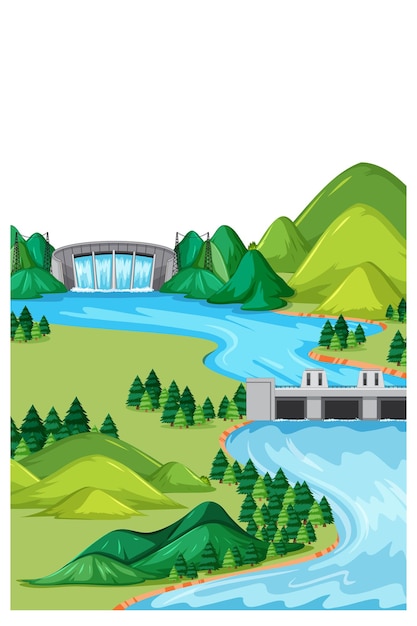 Free Vector vertical nature landscape at daytime scene with dam