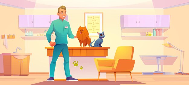 Free Vector vet clinic cabinet with animals and doctor veterinarian man with dog and cat in his office pets medi...