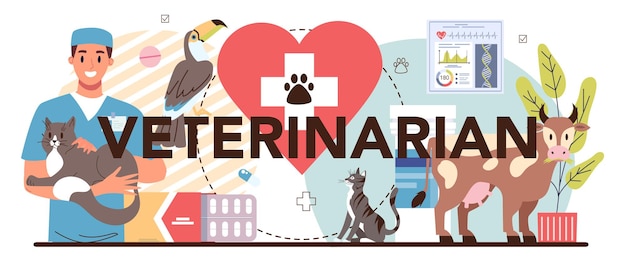 Free Vector veterinarian typographic header veterinary doctor checking and treating animal idea of pet care animal medical treatment and vaccination vector flat illustration