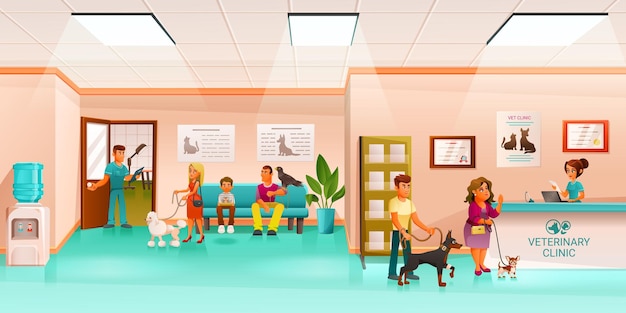 Veterinary clinic cartoon composition with view of reception hall with human characters and pets illustration