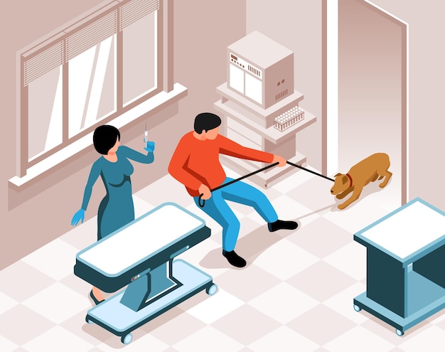 Free Vector veterinary clinic with female doctor holding syringe and dog pulling on leash afraid of getting injection isometric vector illustration