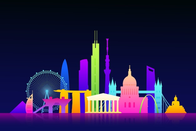 Vibrant colorful landmarks skyline