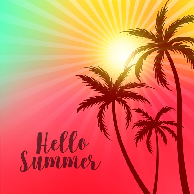 Vibrant hello summer poster with palm trees and sun