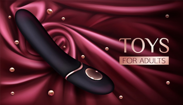 Vibrator, sex toy for adults, dildo for woman pleasure and erotic games on red silk draped fabric 