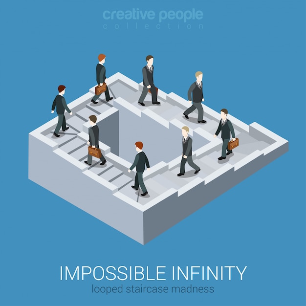 Free Vector vicious circle stalemate infinite loop isometric business concept. impossible fairy maze fable nonexistent pathway staircase optical illusion illustration.