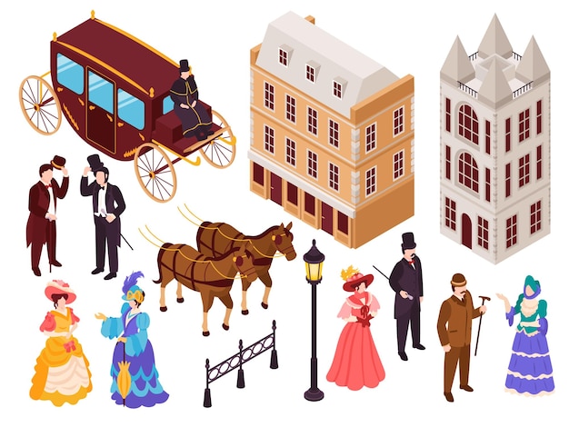 Free Vector victorian era english fashion architecture elements isometric set with town city houses lanterns carriage citizens vector illustration