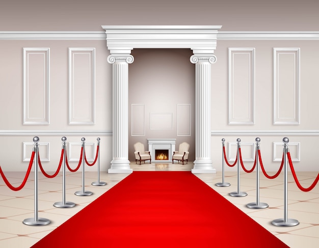 Free vector victorian style hall with red carpet silvery barriers armchairs and fireplace