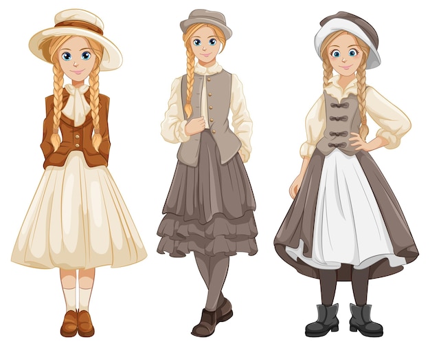 Free Vector victorian vintage dress cartoon character woman