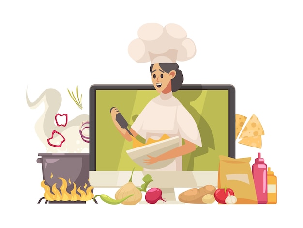 Free Vector video blogger composition with desktop computer and character of cooking female blogger with food and kitchenware vector illustration