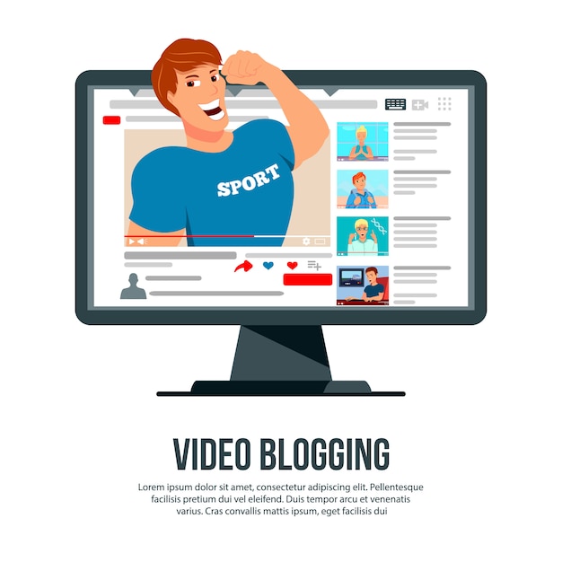 Free Vector video blogging popular sport author character popping out of computer screen flat advertisement website header